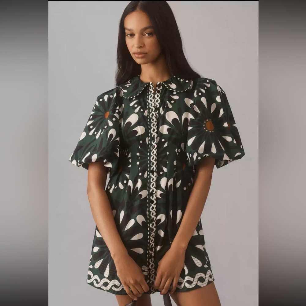 Farm Rio Anthropologie Ainika Flowers Short Puff Sleeve Mini Dress